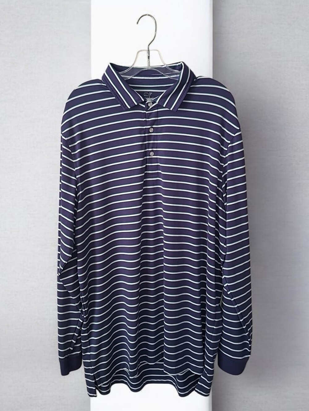 Vineyard Vines Navy and White Striped Long-Sleeve Polo